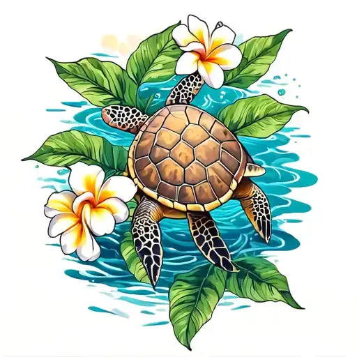 plumeria and sea turtle swimming tattoo design idea