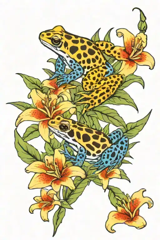 poison dart frog ontop of two tiger lilys surrounding tattoo design idea