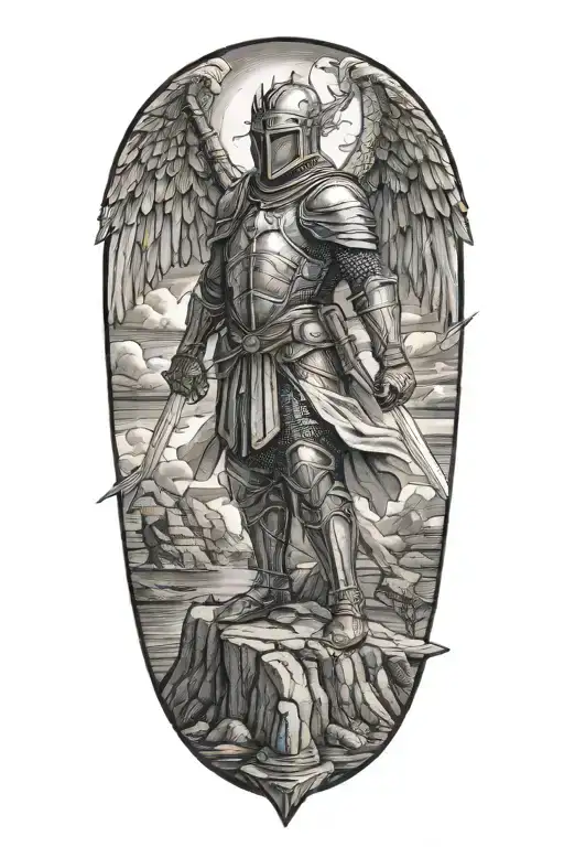 a knight with angel wings with one foot on top of a rock and a sword lifted to the sky with lightning in the back tattoo design idea