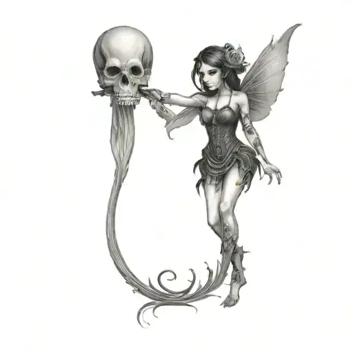 dark fairy holding a skull tattoo design idea