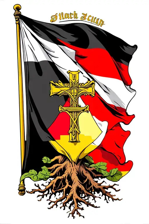 Flag with German and Sicilian flag intertwined and roots coming from the bottom of the cross.  tattoo design idea