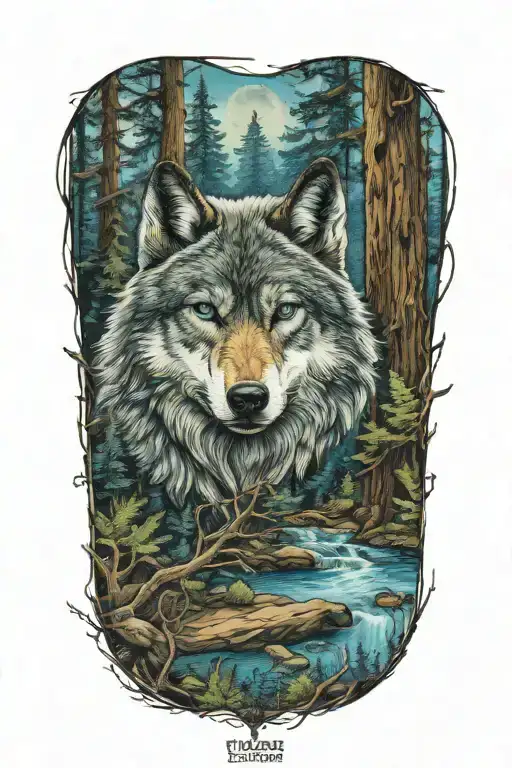 wolf blue eyes howling forest landscape tattoo design idea