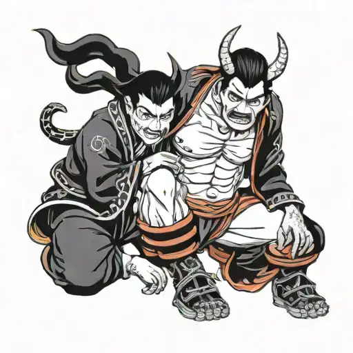 jingoku underworld devil jutsu with couple devils under his leg  tattoo design idea