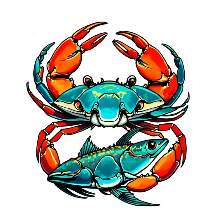 crab and fish tattoo design idea