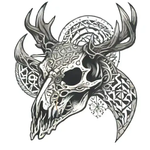 deer skull tattoo with geometric pattern and skeleton hand and real hand with memento mori written in capital   tattoo design idea