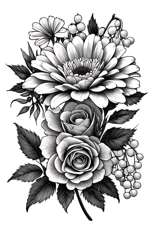 chrysanthemum, carnation, lily of the valley, rose, cosmos tattoo design idea