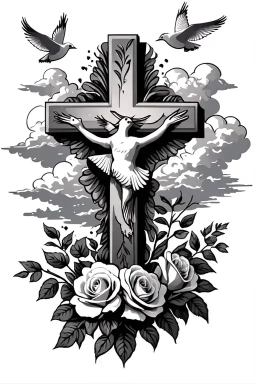 cross with clouds and doves flying and rose growing tattoo design idea