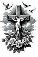 cross with clouds and doves flying and rose growing tattoo design idea
