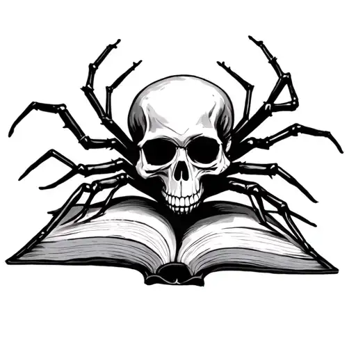 Skull, books, spider, gothic, horror tattoo design idea