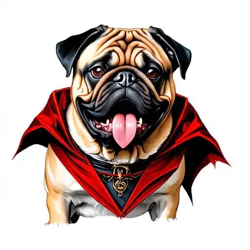 pug with dracula cape fangs tattoo design idea