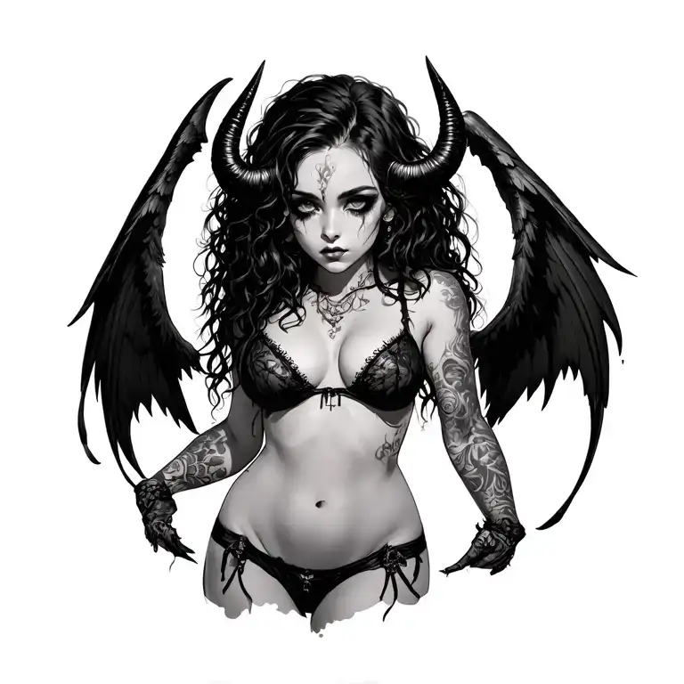 Sexy Pale Girl, Petite, Big Boobs, Wide Hips, G-String, Messy Dark Hair, Demonic Horns, Demonic Wings, Gothic tattoo design idea