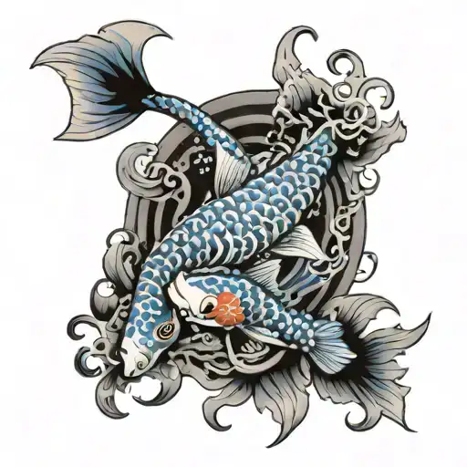Japanese Tori in blue flames with two koi fish swimming nearby tattoo design idea