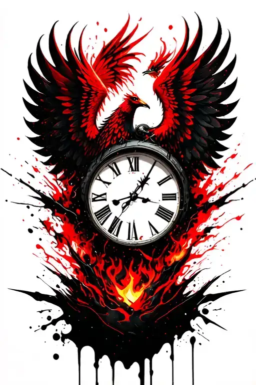 clock with phoenix rising from ashes tattoo design idea