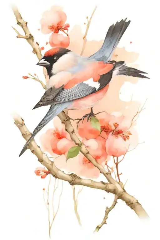Long-tailed Bullfinch sitting on a willow branch tattoo design idea