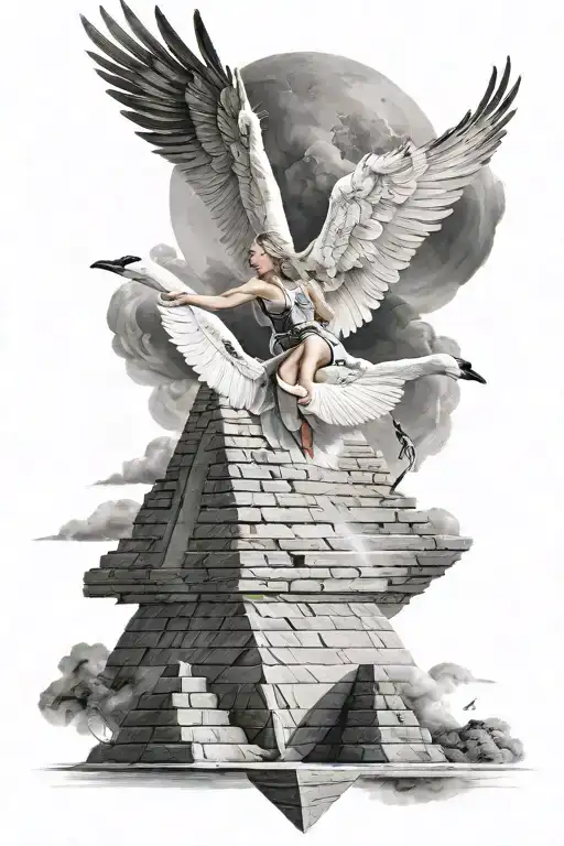 a swan flying on a pyramid and a girl with her hair flying tattoo design idea