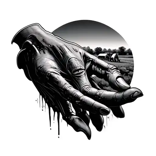 alien touch human hand like Michelangelo painting with farm in the background  tattoo design idea