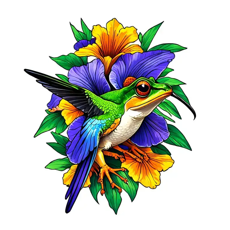frog humming bird iris flowers tattoo design idea