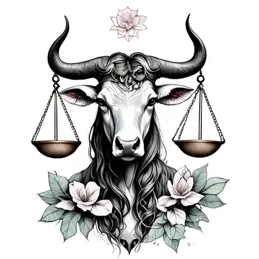 libra scales and pretty feminine taurus bull  tattoo design idea