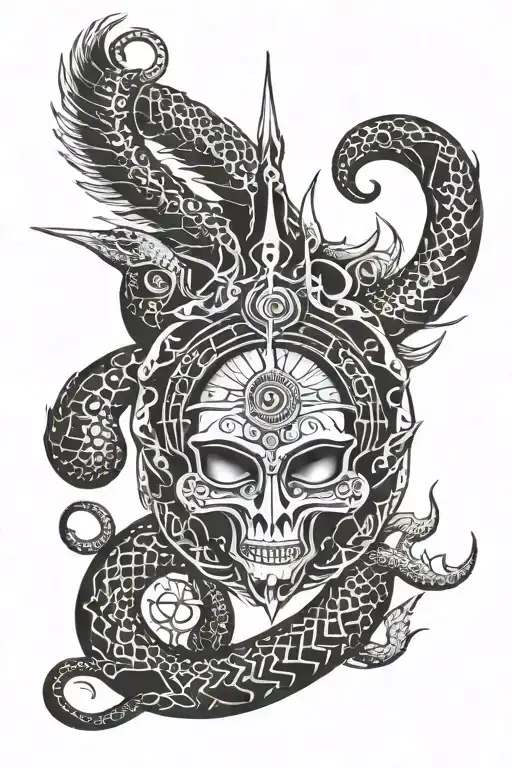 sun with trident head in the middle, cobra wrapped around trident with the end of the cobra tail turning into an om sign tattoo design idea