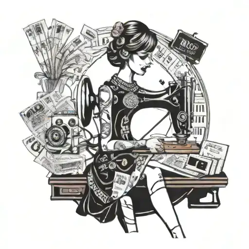 A blackwork tattoo of a fashion mannequin dressed in Chicago-themed clothing, holding a sewing machine and surrounded by concert tickets tattoo design idea