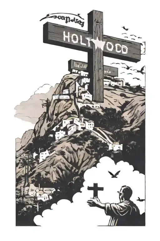 hollywood sign, with kid praying, 3 crosses, two doves flying together one over the other, 1of1 in black, 859 area code# tattoo design idea