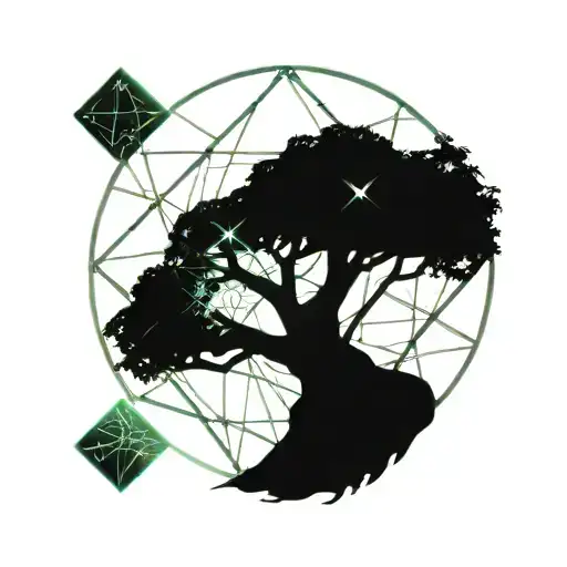 willow tree with diamonds scattered in the branches with stars above tattoo design idea