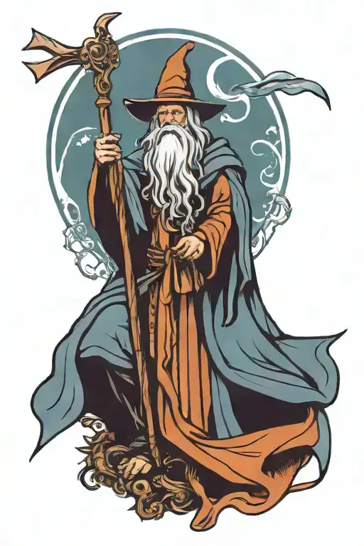 medieval wizard with large staff casting a spell skyward tattoo design idea