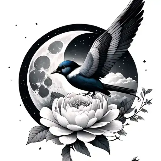 moon Etoiles Saturn peony bird cloud tattoo design idea