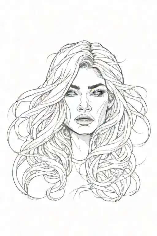 girl with long black flowing hair and her face divided into 4 faces with different expressions: happy, angry, sad, numb. tattoo design idea