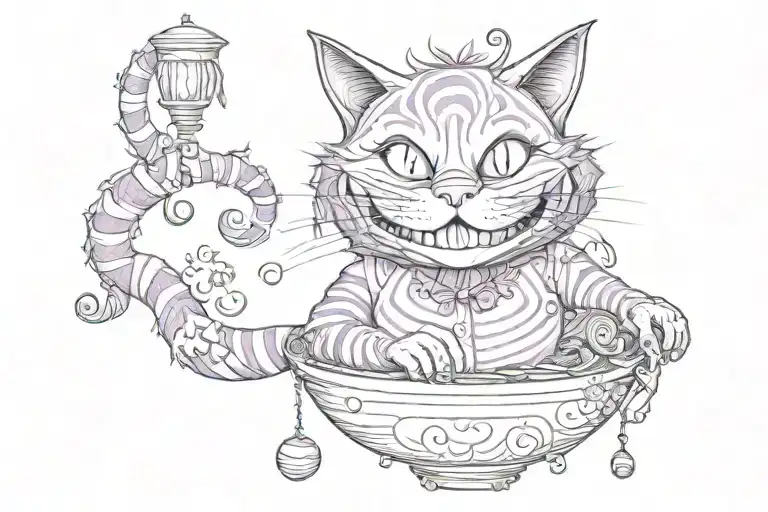 original cartoon purple cheshire cat from alice in wonderland hanging from his tale, a cheeky gin high on hallucinagens  tattoo design idea