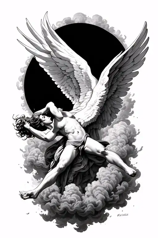 icarus falling from sky surrounded by smoke tattoo design idea