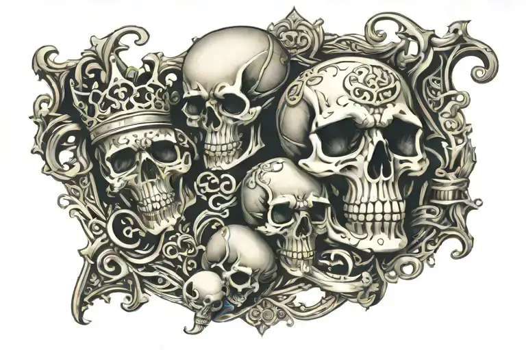 skull, crown, brass knuckles, infinity symbol surrounded tattoo design idea