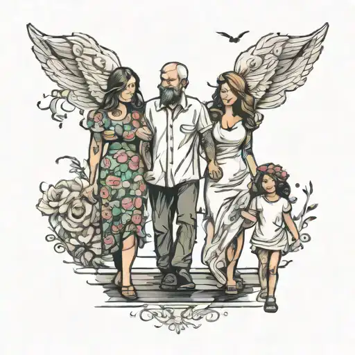 family of 4, mother, father and 2 daughters holding hands and walking down a road tattoo design idea