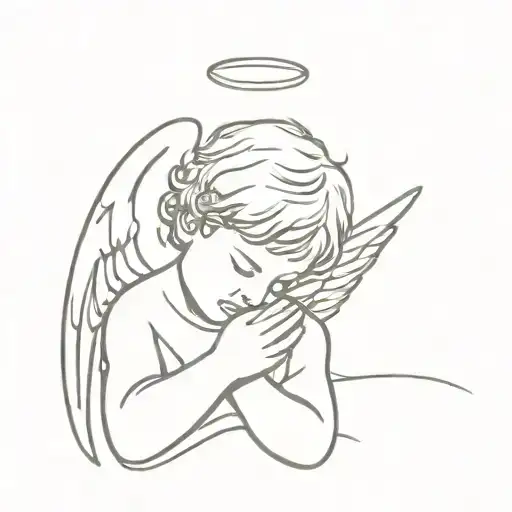 angel child praying, ribbon around him tattoo design idea