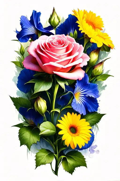 pink rose. yellow gerbera. blue iris. tattoo design idea