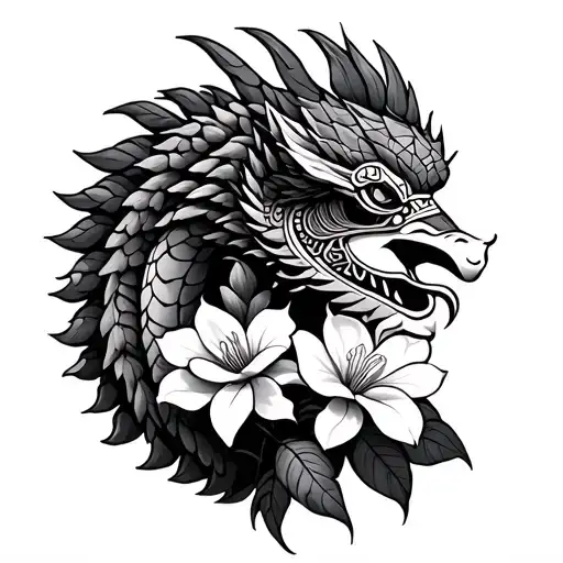aztec god Quetzalcoatl around with magnolias blooming tattoo design idea