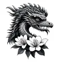 aztec god Quetzalcoatl around with magnolias blooming tattoo design idea