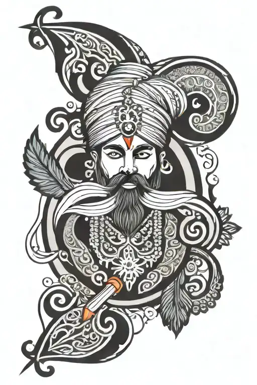 A vibrant neotraditional tattoo design incorporating Sikh symbols and elements of Punjab tradition, such as a traditional Punjabi turban and a Sikh kirpan, to represent your strong religious beliefs and cultural heritage. tattoo design idea