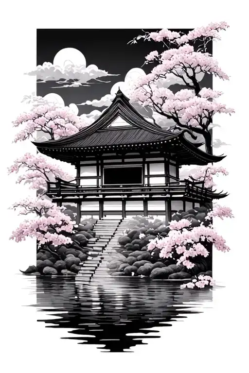 japanese temple surrounded by cherry tattoo design idea
