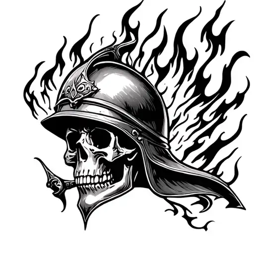 A skull wearing a medieval helmet engulfed in flames tattoo design idea