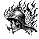 A skull wearing a medieval helmet engulfed in flames tattoo design idea