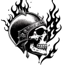 A skull wearing a medieval helmet engulfed in flames tattoo design idea