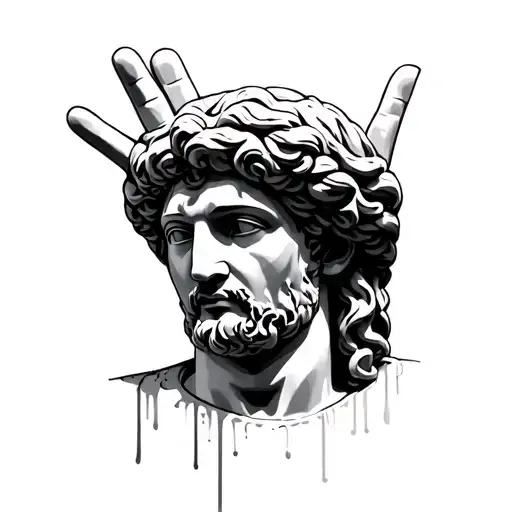 greek statue head with peace sign spray paint brush tattoo design idea