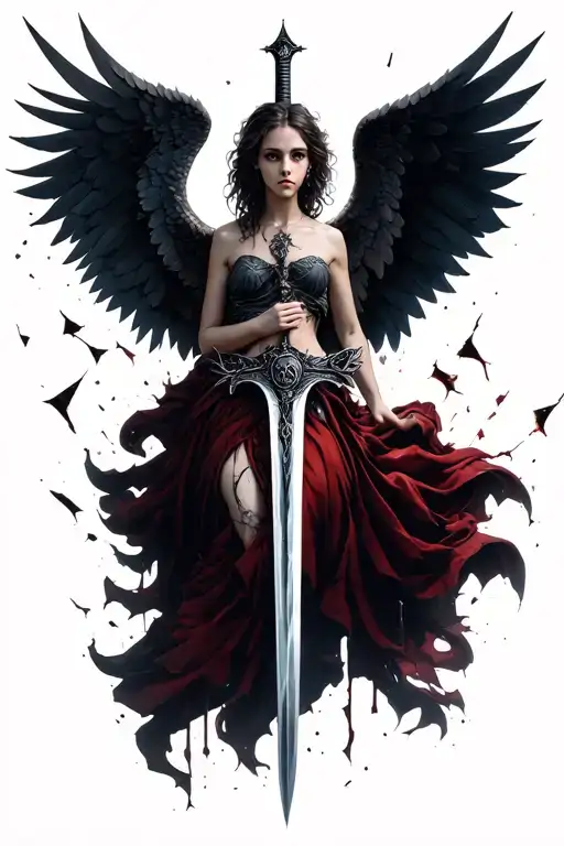 fallen angel with a sword and some broken wings, more gothic style tattoo design idea