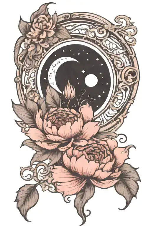 crescent moon, with peonie, art nouveau tattoo design idea