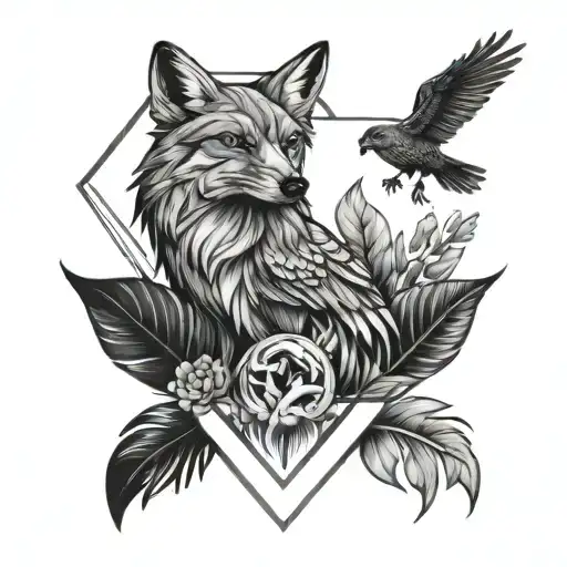 create a minimalistic tatto with details of a Fox, Crow, Wolf and a Macaw in a ace card tattoo design idea