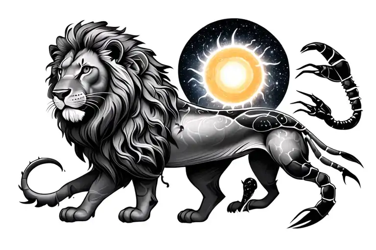 lion and sun and scorpion and milky way  tattoo design idea