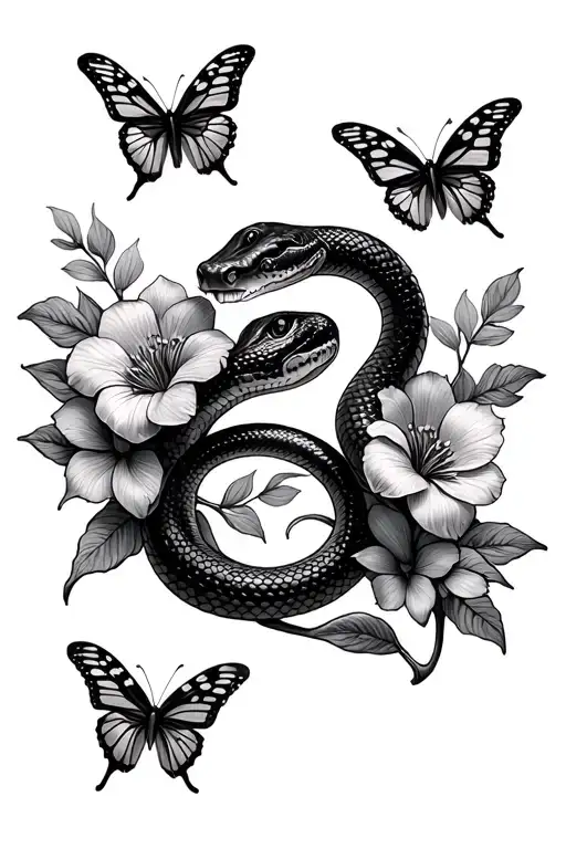 Snake with flowers and butterflies tattoo design idea