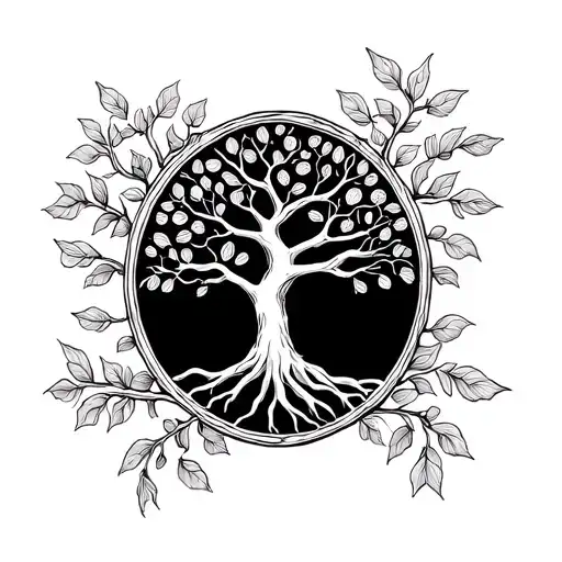 “Feminine Tree of Life tattoo design for shoulder placement. Elegant, fine-line black ink. Flowing oval composition that tattoo design idea