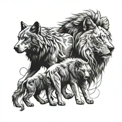 Adult wolf with baby wolf, baby elephant and adult male lion  tattoo design idea